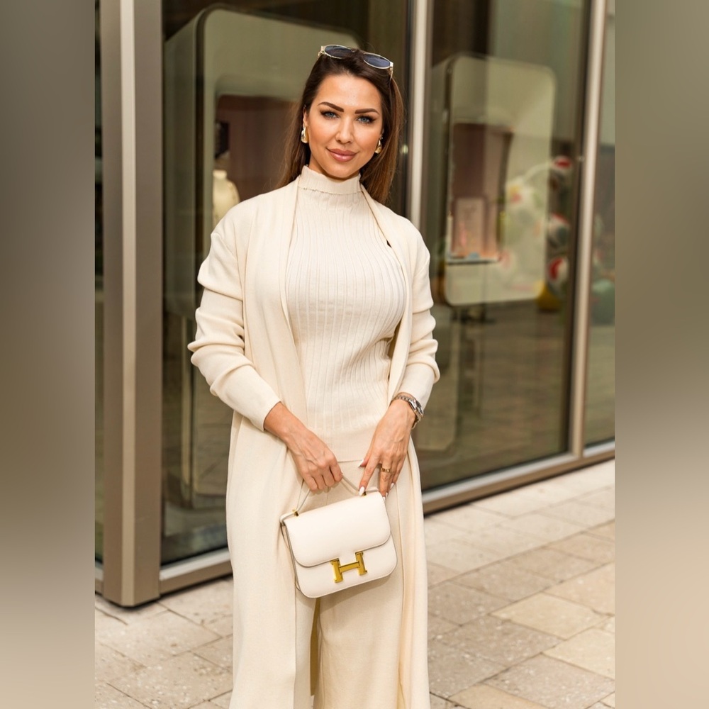 Elegant Cream Women 3 piece set pants, long cardigan, turtleneck sleeveless top - Picture 5 of 10